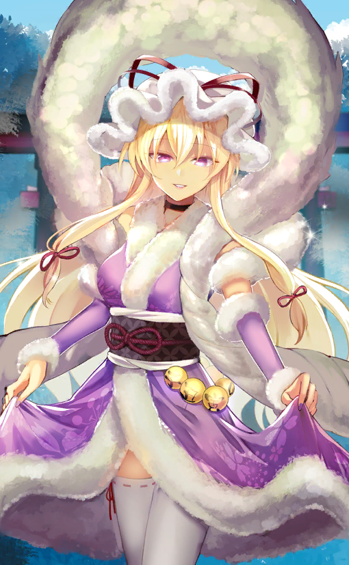 1girl, arm_strap, bell, black_choker, blonde_hair, blue_sky, bow, choker