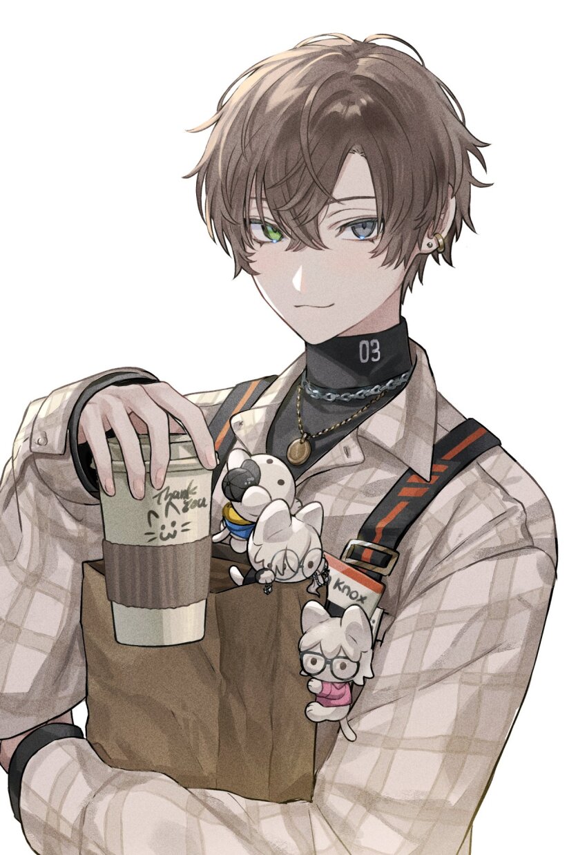1boy, :3, alban_knox, alban_knox_(2nd_costume), animalization, bag, black_shirt, brown_hair, brown_shirt, cat, chain, chain_necklace, character_name, closed_mouth, collared_shirt, commentary, crossed_bangs, cup, disposable_coffee_cup, disposable_cup, ear_piercing, earrings, english_commentary, fulgur_ovid, fulgur_ovid_(2nd_costume), goocha_(goocha_niji), green_eyes, grey_eyes, hair_between_eyes, hand_up, heterochromia, highres, holding, holding_bag, holding_cup, jewelry, long_sleeves, looking_at_viewer, male_focus, name_tag, necklace, nijisanji, nijisanji_en, official_alternate_costume, paper_bag, parted_bangs, piercing, plaid_clothes, plaid_shirt, shirt, short_hair, simple_background, sleeves_past_wrists, smile, smirk, sonny_brisko, sonny_brisko_(2nd_costume), stud_earrings, takaradachi_(alban_knox), turtleneck, uki_violeta, uki_violeta_(2nd_costume), upper_body, virtual_youtuber, white_background