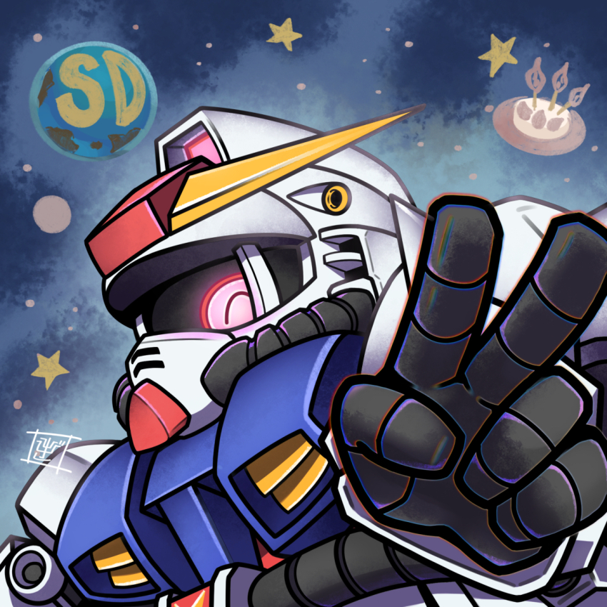 ^_^, cake, closed_eyes, food, glowing, glowing_eye, gundam, hibiki0218, highres, mecha, mecha_focus, mobile_suit, nise_gundam, one-eyed, planet, portrait, red_eyes, robot, science_fiction, sd_command_chronicles, sd_gundam, solo, space, star_(sky), v, v-fin