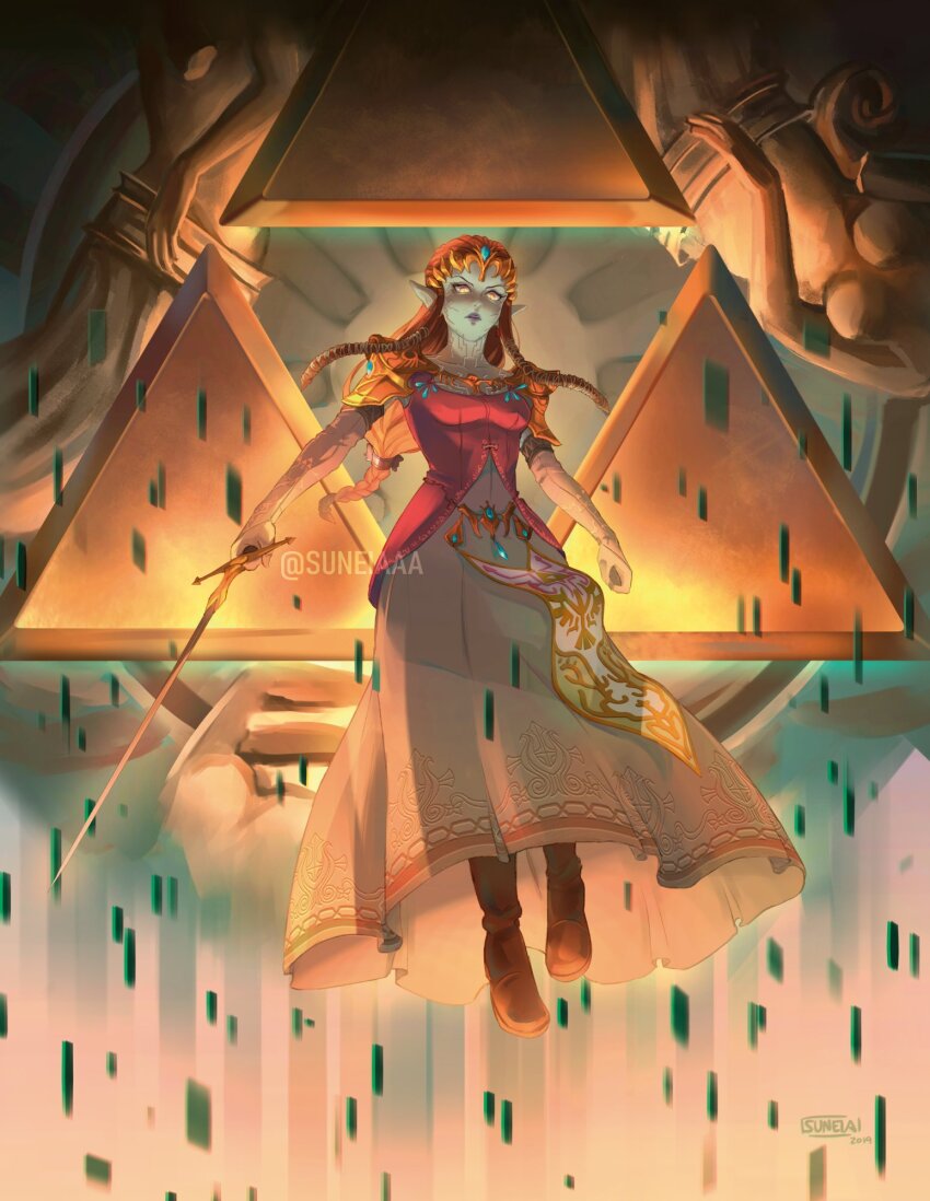 1girl, 2019, armor, boots, brown_hair, colored_skin, dated, facial_mark