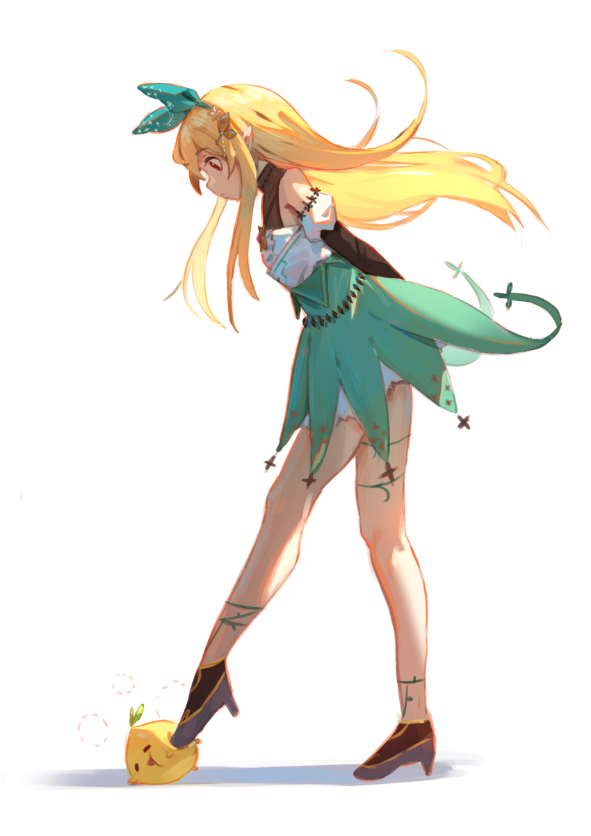 1girl, absurdres, black_footwear, black_gloves, blonde_hair, brown_eyes, elbow_gloves, from_side