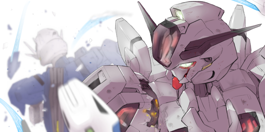 bit_(gundam), blurry, blurry_background, commentary_request, damaged, green_eyes, gundam, gundam_aerial_rebuild, gundam_calibarn, gundam_suisei_no_majo, highres, mecha, mecha_focus, mobile_suit, motion_blur, ni~tsu_kashi, no_humans, robot, science_fiction, simple_background, sparks, turning_head, upper_body, v-fin, white_background