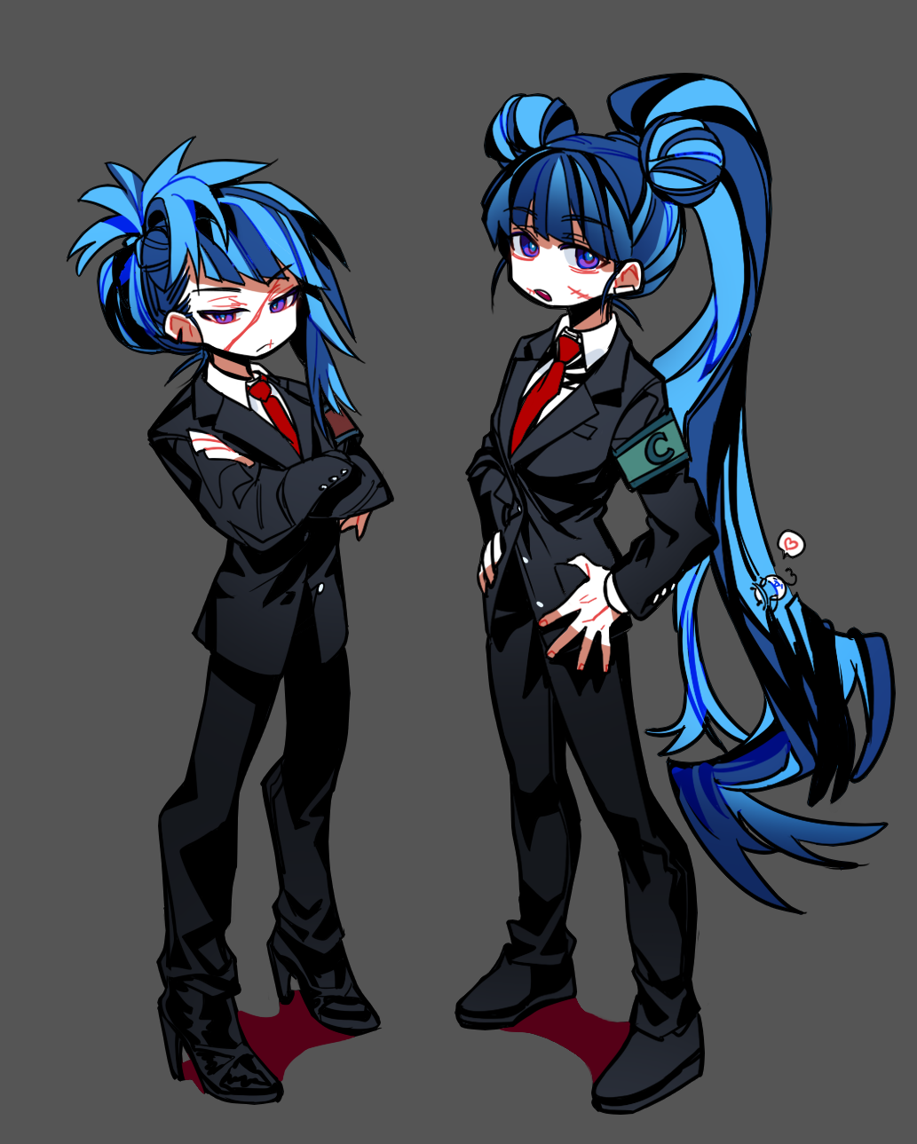 2girls, black_jacket, black_pants, black_shoes, blue_hair, closed_mouth, collared_shirt, commentary_request