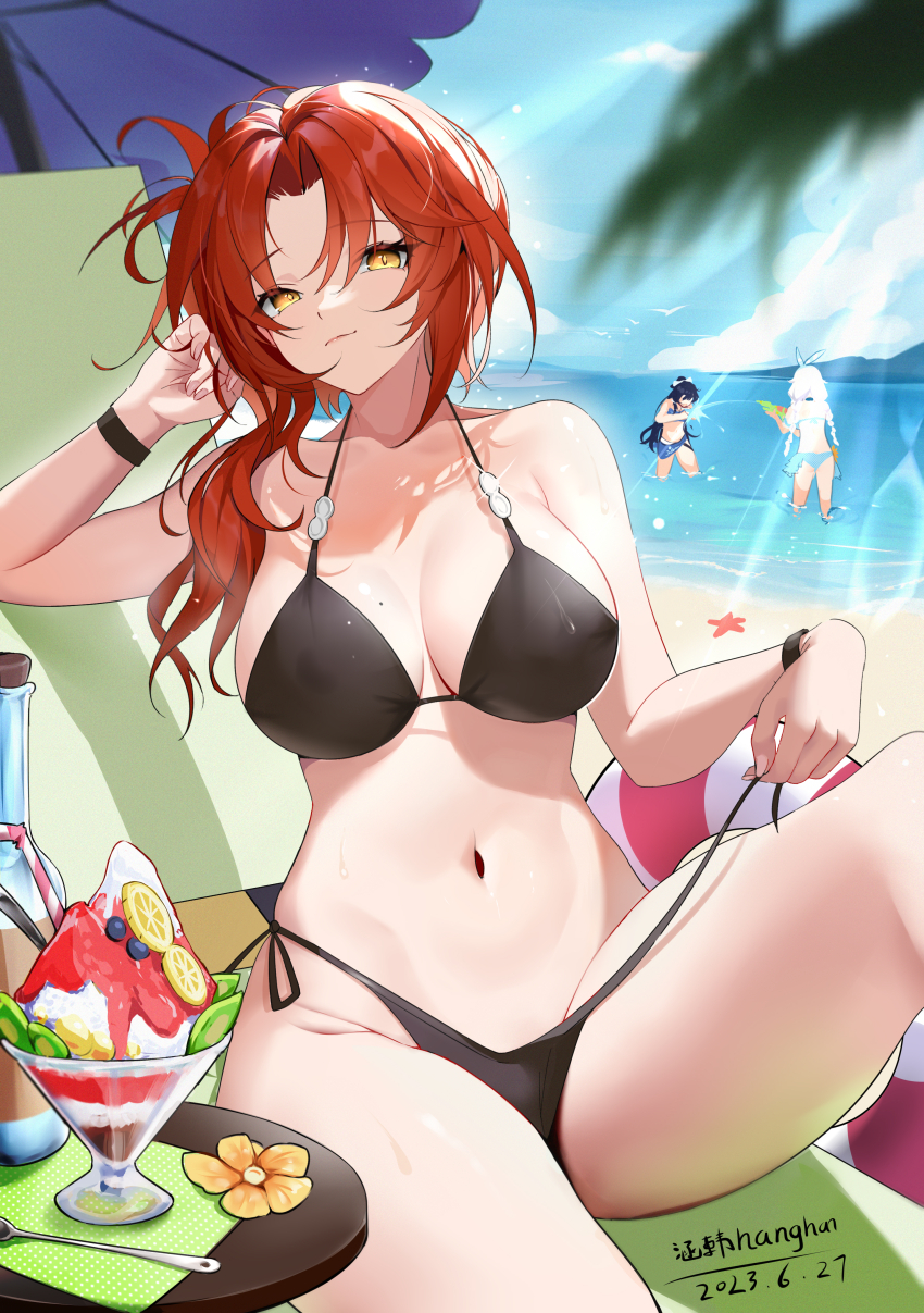 3girls, absurdres, artist_name, ball, beach, beach_chair, beach_umbrella, beachball