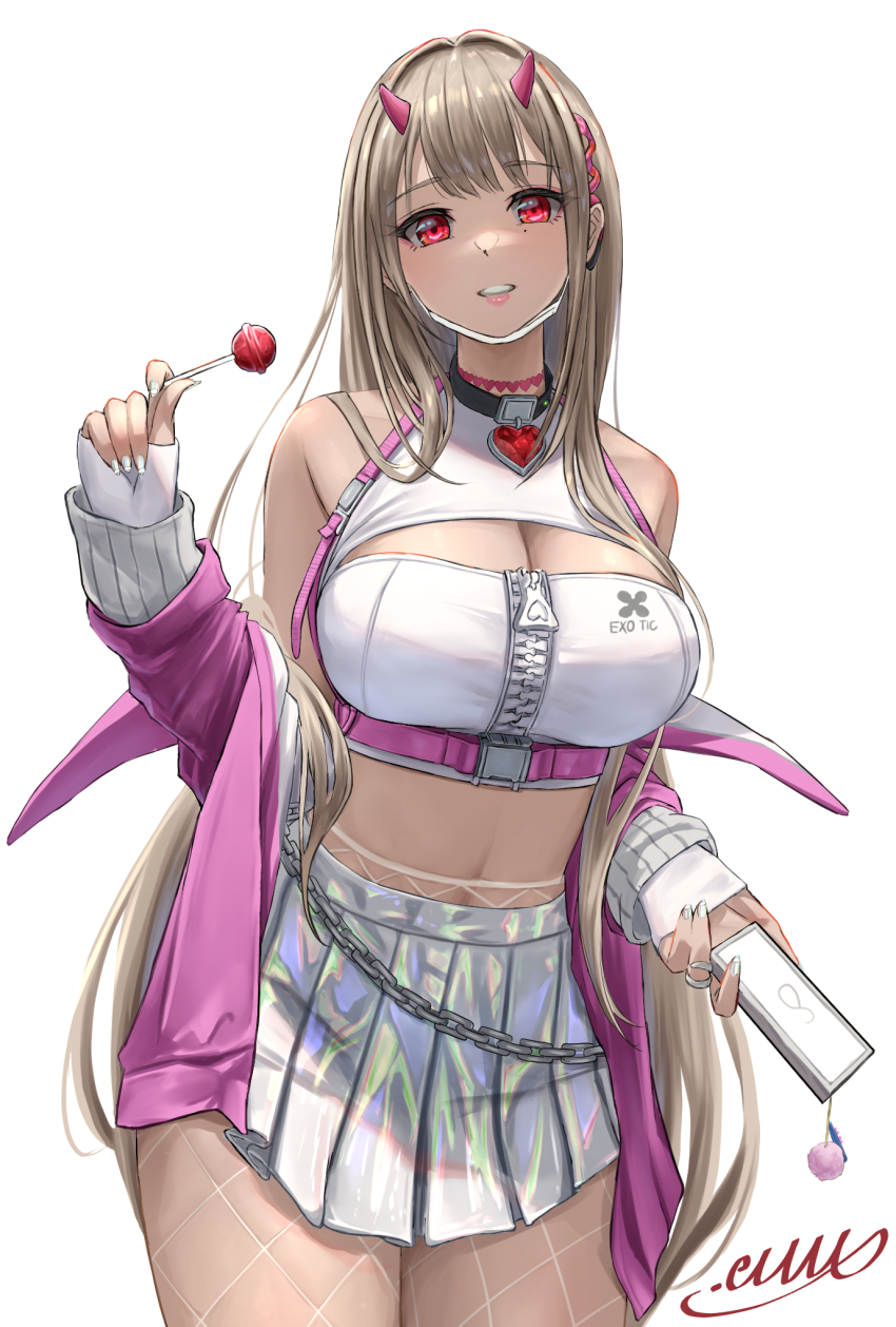 1girl, bare_shoulders, black_collar, breasts, candy, cellphone, chain, chest_harness