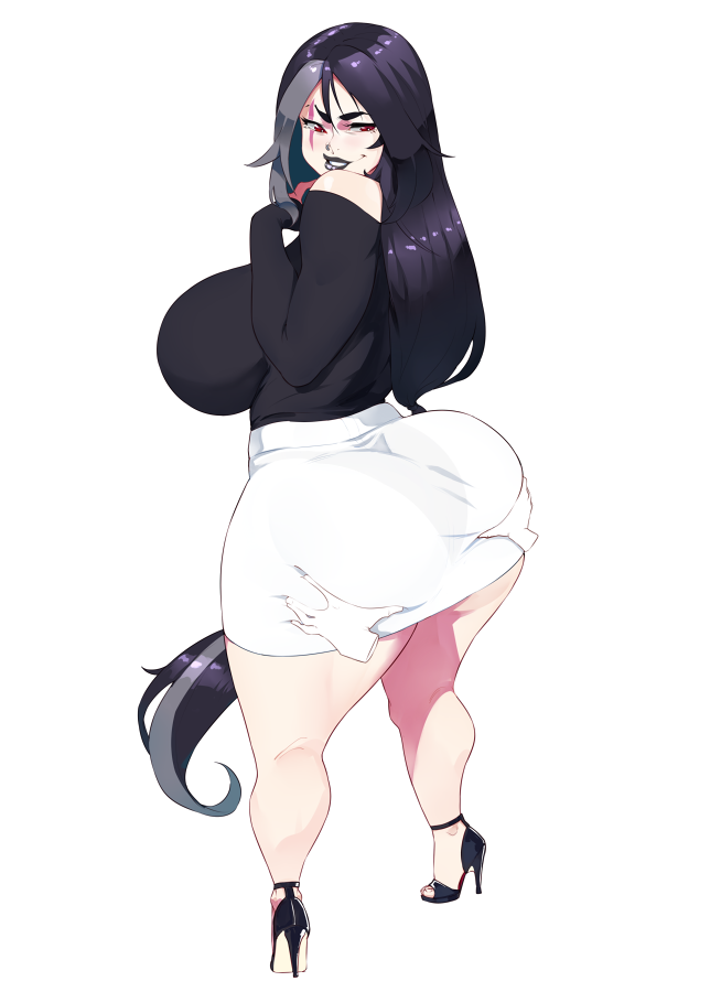 1girl, 2020, ass, black_hair, black_lips, black_shirt, breasts, commentary, commission, curvy, disembodied_hand, english_commentary, face_piercing, from_behind, goth_fashion, grabbing_own_ass, grin, groping, hand_on_chin, high_heels, huge_ass, illboxart, large_areolae, large_breasts, long_hair, looking_back, multicolored_hair, naughty_face, nose_piercing, original, pencil_skirt, piercing, red_eyes, shirt, skirt, smile, solo, standing, thick_thighs, thighs, transparent_background, very_long_hair, white_background, white_skirt, wide_hips