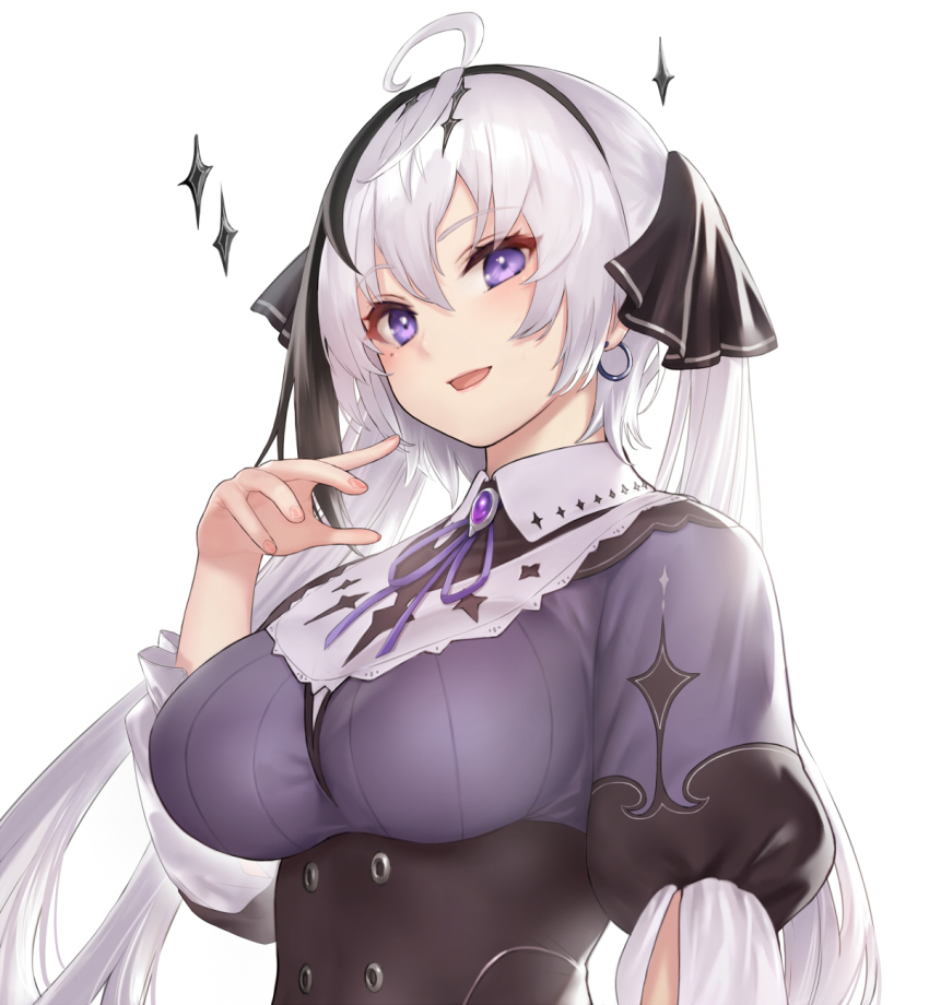 1girl, black_ribbon, breasts, brooch, corset, dress, earrings, hair_ribbon