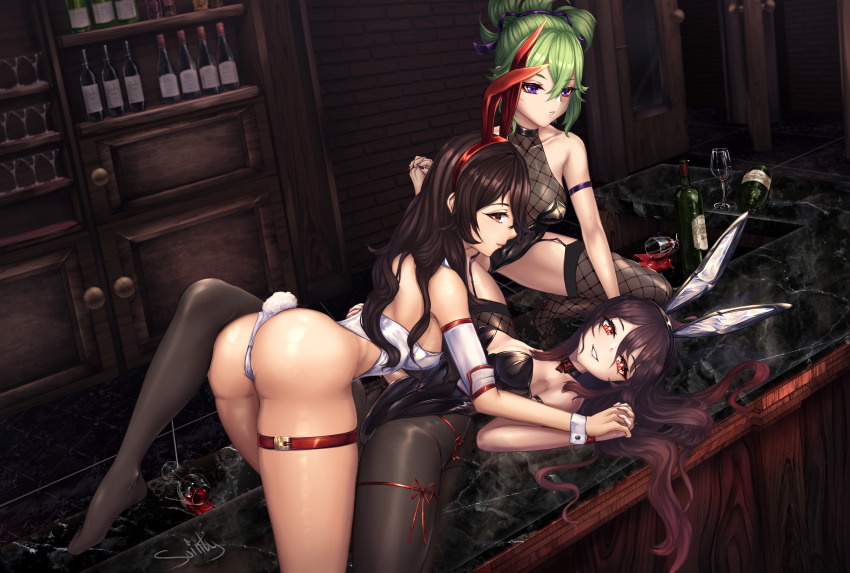 3girls, absurdres, amber_(genshin_impact), animal_ears, ass, black_leotard, breasts, genshin_impact