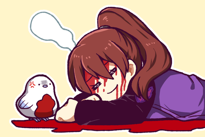 1girl, =_=, bird, black_sleeves, bleeding, blood, blood_from_forehead, blood_from_mouth