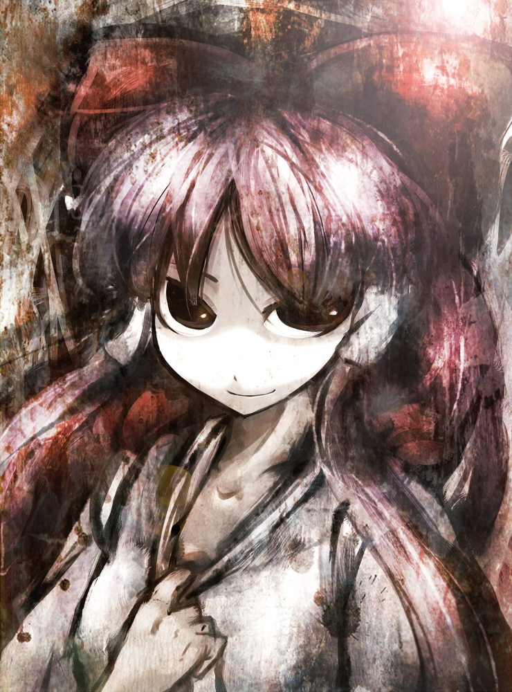 1girl, bad_id, bad_pixiv_id, collar_tug, female_focus, hair_ribbon, hakurei_reimu, hakurei_reimu_(pc-98), koohee, pale_skin, portrait, purple_hair, ribbon, smile, touhou, touhou_(pc-98), tsurime