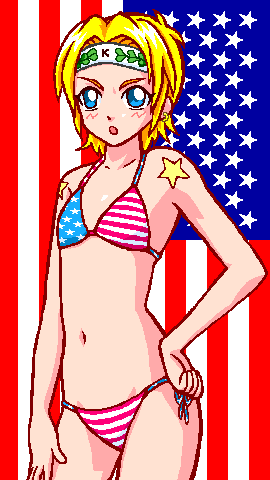 1girl, american_flag, american_flag_background, american_flag_bikini, american_flag_print, bikini, blonde_hair, blue_eyes, commentary_request, contrapposto, earrings, flag_print, flag_print_bikini, flat_chest, genderswap, genderswap_(mtf), hand_on_own_hip, headband, jewelry, kinnikuman, kinnikuman_nisei, lowres, masupanman, navel, print_bikini, short_hair, side-tie_bikini_bottom, solo, swimsuit, terry_the_kid
