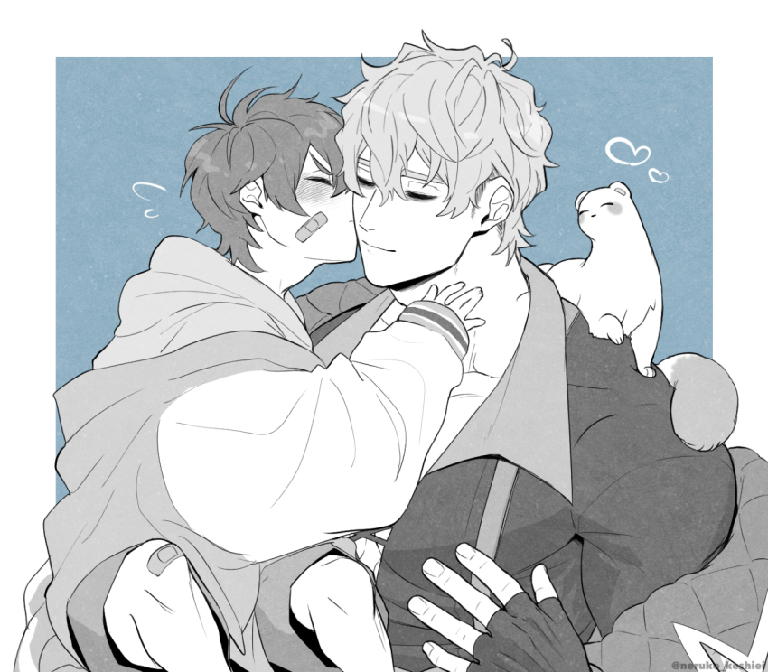 2boys, aged_down, bags_under_eyes, bandaid, bandaid_on_cheek, bandaid_on_face, bandaid_on_knee, bandaid_on_leg