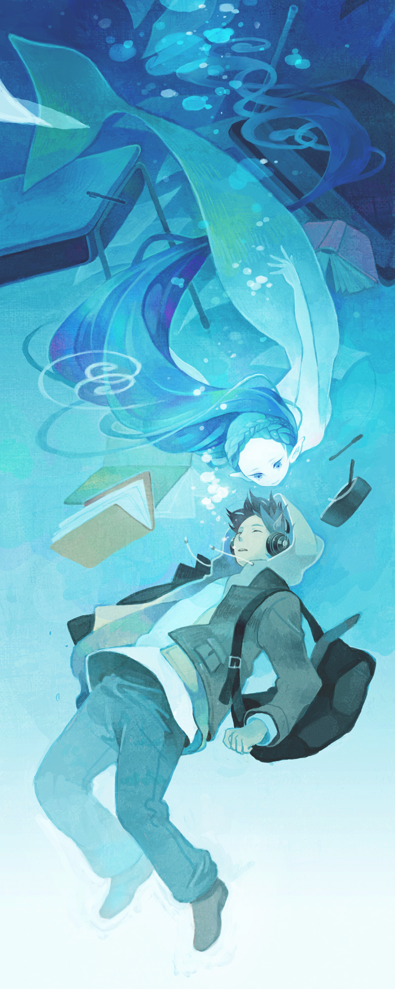 1boy, 1girl, absurdly_long_hair, air_bubble, backpack, bag, blue_background, blue_eyes, blue_hair, blue_theme, book, braid, bubble, couple, crown_braid, denim, desk, drawstring, closed_eyes, headphones, hetero, highres, hood, hoodie, jacket, jeans, long_hair, long_sleeves, looking_at_another, mermaid, monster_girl, no_nose, nude, open_clothes, open_jacket, original, pants, pen, pointy_ears, school_desk, shirt, shoes, table, underwater, upside-down, utacoco, very_long_hair, wallet, white_shirt