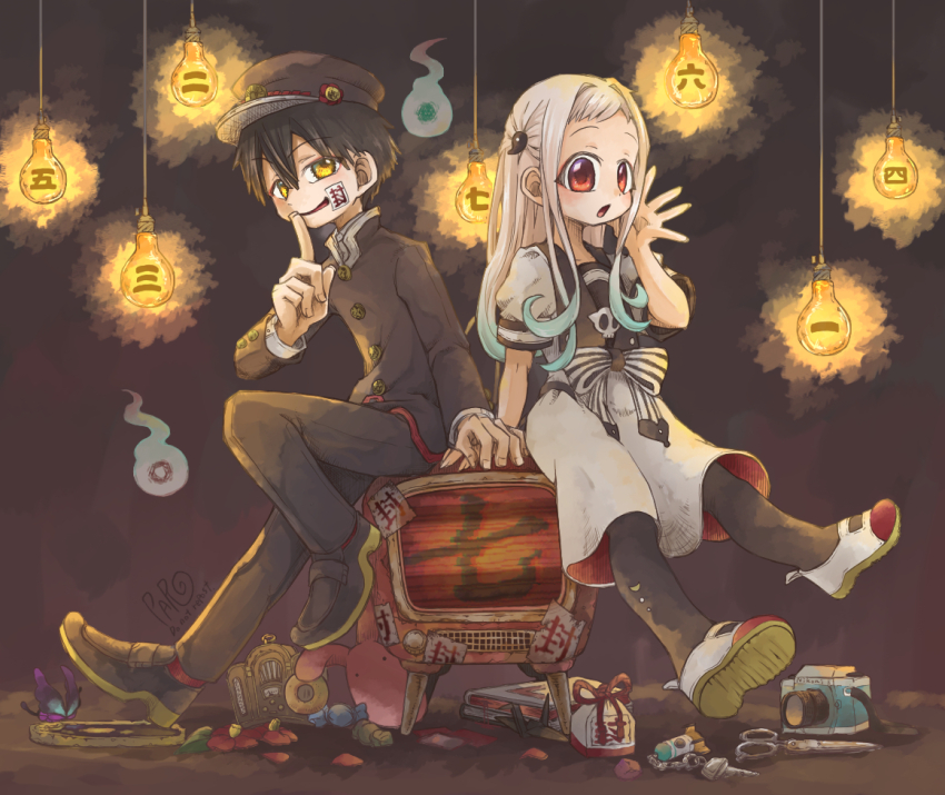 1boy, 1girl, black_footwear, black_hair, black_headwear, black_pants, black_pantyhose, blush