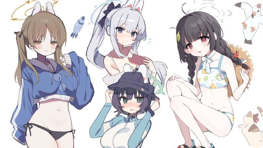 4girls, :3, @_@, animal_ears, ao_(mintz), bikini, bird, black_bikini