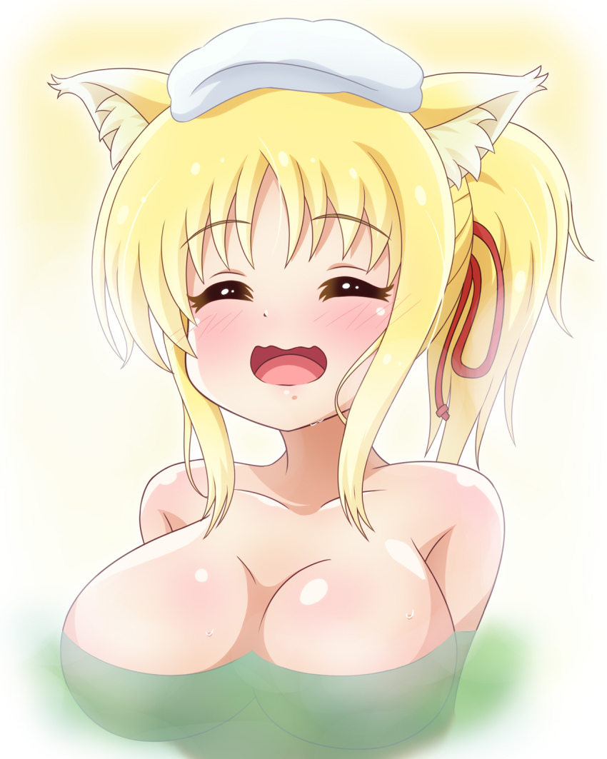 1girl, animal_ears, bath, bathing, blonde_hair, blush, breasts, cleavage