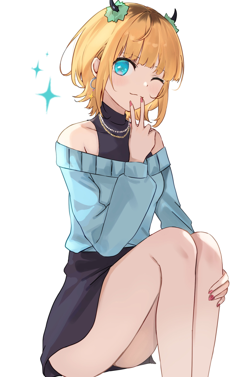 1girl, bead_necklace, beads, black_skirt, blue_eyes, blue_sweater, blunt_bangs, blush