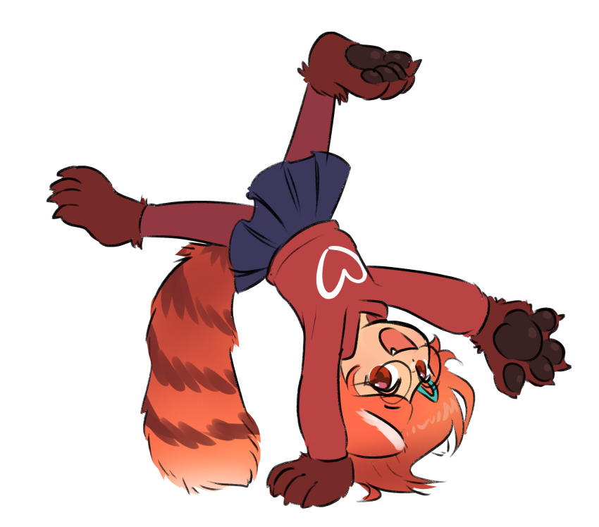 1girl, absurdres, animal_feet, animal_hands, blue_skirt, cartwheel, disney, fang, furry, hair_ornament, hairclip, highres, kipaki, meilin_lee, open_mouth, orange_hair, pantyhose, pixar, pleated_skirt, red_eyes, red_panda_ears, red_panda_girl, red_panda_tail, red_pantyhose, red_sweater, round_eyewear, simple_background, skirt, solo, sweater, turning_red, white_background
