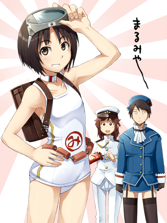 1boy, 2girls, :d, :|, adjusting_goggles, amagami, armpits, arms_at_sides
