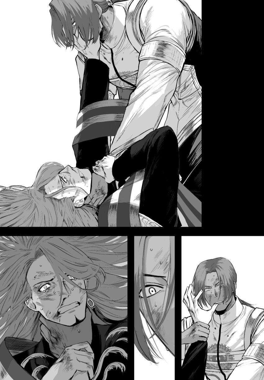 2boys, bhima_(fate), bhima_(second_ascension)_(fate), black_shirt, blood, blood_on_face, duryodhana_(fate), earrings, facial_hair, fate/grand_order, fate_(series), fighting, goatee, goatee_stubble, greyscale, highres, jewelry, male_focus, mature_male, monochrome, multiple_boys, muscular, muscular_male, neck_grab, sash, shirt, short_hair, shoulder_sash, simple_background, single_earring, strangling, stubble, sweatdrop, upper_body, white_background, y_ahyahyah