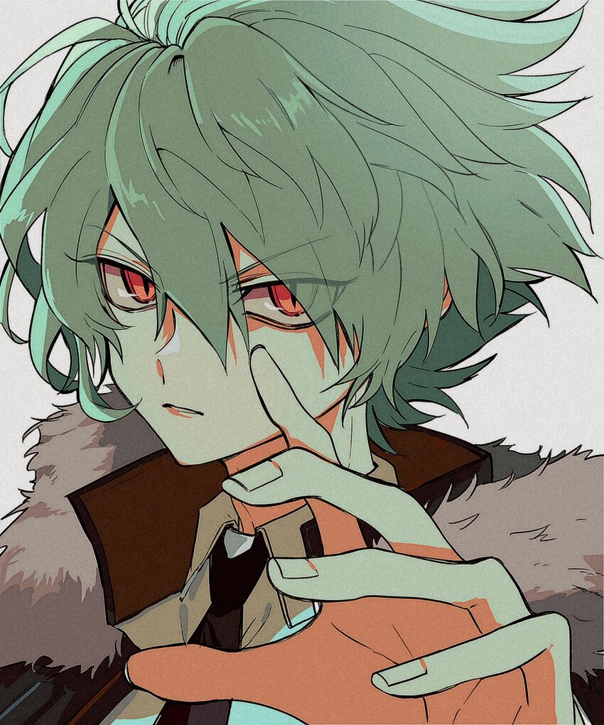 1boy, angry, black_jacket, black_necktie, brown_jacket, collar_x_malice, collared_shirt, fur-trimmed_jacket