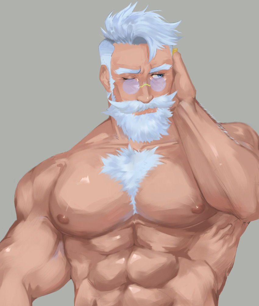 1boy, abs, bara, bare_pectorals, beard, chest_hair, commentary, cwazytvthings