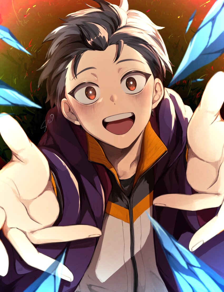 1boy, 1girl, :d, absurdres, alternate_universe, artist_name, black_hair, black_shirt, blush, bright_pupils, brown_eyes, cloak, cryokinesis, embers, emilia_(re:zero), grass, hair_slicked_back, highres, hood, hood_down, hooded_cloak, icicle, jacket, long_sleeves, looking_at_viewer, male_focus, natsuki_subaru, open_mouth, orange_eyes, outstretched_arms, purple_cloak, re:zero_kara_ayamatsu_isekai_seikatsu, re:zero_kara_hajimeru_isekai_seikatsu, reaching, reaching_towards_viewer, shirt, sho_(shoootaya), short_hair, signature, smile, solo_focus, teeth, track_jacket, track_suit, undershirt, upper_teeth_only, white_pupils, wide-eyed