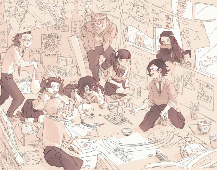 agatsuma_zenitsu, bag, baguette, blunt_bangs, bow, bowtie, box, bread, bush, chachamaru_(kimetsu_no_yaiba), choroi_amachori, classroom, collared_shirt, drawing, food, gotouge_koyoharu_(character), hair_ribbon, hashibira_inosuke, highres, indoors, kamado_nezuko, kamado_tanjirou, kanzaki_aoi_(kimetsu_no_yaiba), kimetsu_gakuen, kimetsu_no_yaiba, long_hair, murata_(kimetsu_no_yaiba), paintbrush, painting_(action), paint_palette, paper, poster_(object), ribbon, school_bag, school_uniform, shinazugawa_genya, shirt, sitting, tsuyuri_kanao, uzui_tengen, very_long_hair