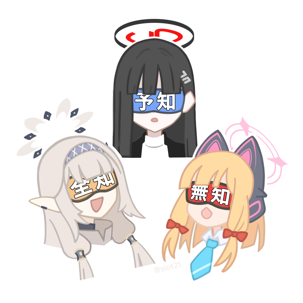 3girls, animal_ear_headphones, animal_ears, black_hair, blindfold, blonde_hair, blue_archive, cat_ear_headphones