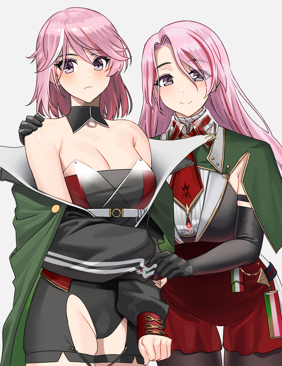 2girls, akagi_kurage, azur_lane, black_gloves, black_pantyhose, breasts, cleavage, closed_mouth, commission, cosplay, detached_collar, duca_degli_abruzzi_(azur_lane), duca_degli_abruzzi_(azur_lane)_(cosplay), elbow_gloves, giuseppe_garibaldi_(azur_lane), giuseppe_garibaldi_(azur_lane)_(cosplay), giuseppe_garibaldi_(kancolle), gloves, groin, highres, kantai_collection, large_breasts, long_hair, looking_at_viewer, luigi_di_savoia_duca_degli_abruzzi_(kancolle), multiple_girls, pantyhose, pink_eyes, pink_hair, pixiv_commission, short_hair, smile