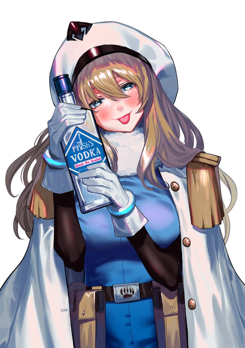 1girl, :p, absurdres, alcohol, andreanof_pepesha, blue_dress, blue_eyes, blush, bottle, breasts, brown_hair, bukimi_isan, copyright_name, cowboy_shot, dress, fur_collar, gloves, hands_up, highres, holding, holding_bottle, large_breasts, long_hair, long_sleeves, official_art, pouch, shy_(series), smile, solo, spirits_(shy), tongue, tongue_out, translation_request, vodka, white_gloves, white_headwear