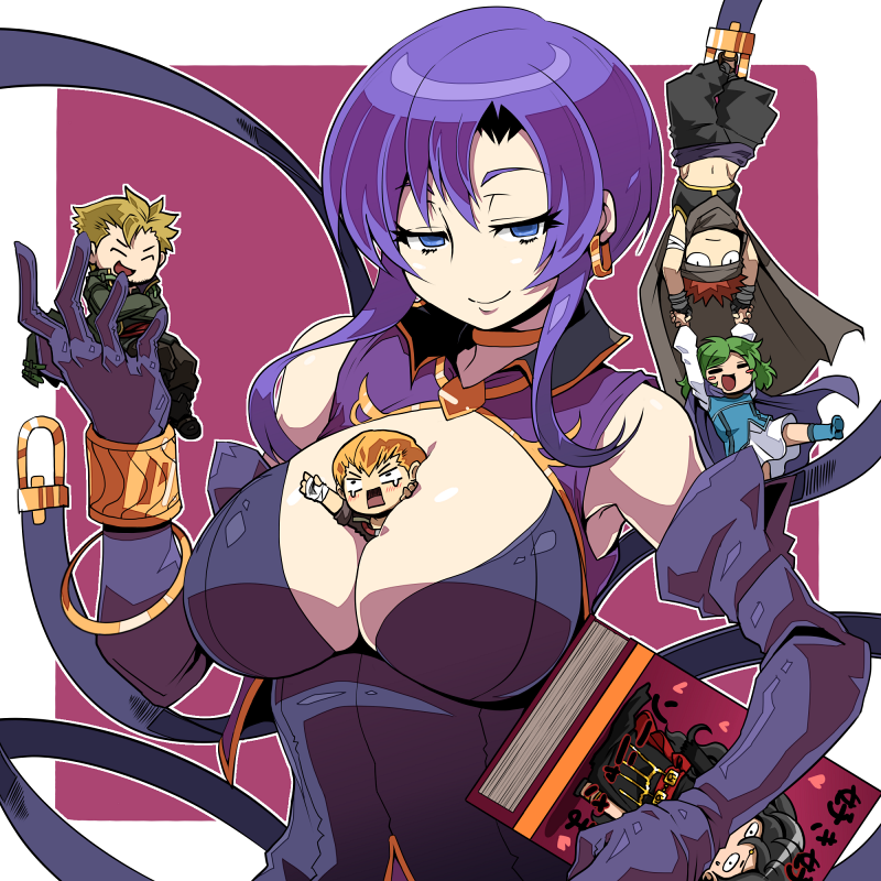 3boys, 3girls, bandages, bare_shoulders, belt, between_breasts, black_dress, black_hair, blonde_hair, blue_eyes, blush, book, boots, breast_smother, breasts, brown_hair, cape, chibi, circlet, cleavage, detached_sleeves, dress, earrings, elbow_gloves, face_to_breasts, fingerless_gloves, fire_emblem, fire_emblem:_the_blazing_blade, gloves, green_hair, hairband, headband, heart, holding, holding_book, jaffar_(fire_emblem), jewelry, kara_age, large_breasts, linus_(fire_emblem), lloyd_(fire_emblem), long_hair, long_sleeves, mature_female, mini_person, miniboy, multiple_boys, multiple_girls, navel, nino_(fire_emblem), nintendo, open_mouth, person_between_breasts, purple_hair, red_hair, red_sash, sash, short_hair, siblings, simple_background, size_difference, skirt, smile, sonia_(fire_emblem:_the_blazing_blade), upside-down, ursula_(fire_emblem), wrist_wrap
