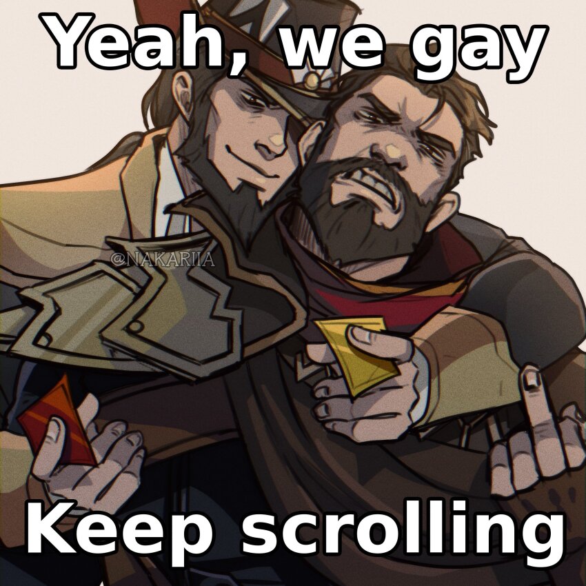 2boys, arm_around_shoulder, bara, beard, bracer, card, commentary, couple