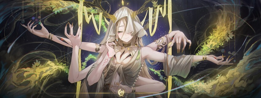 1other, absurdres, antlers, armlet, bare_shoulders, bracelet, brown_dress, closed_mouth, commentary, deer_antlers, dress, extra_arms, fingernails, green_eyes, highres, honkai:_star_rail, honkai_(series), horns, jewelry, light_brown_hair, long_hair, looking_at_viewer, one_eye_covered, sharp_fingernails, smile, solo, upper_body, veil, white_veil, yaoshi_(honkai:_star_rail), yonesdraws