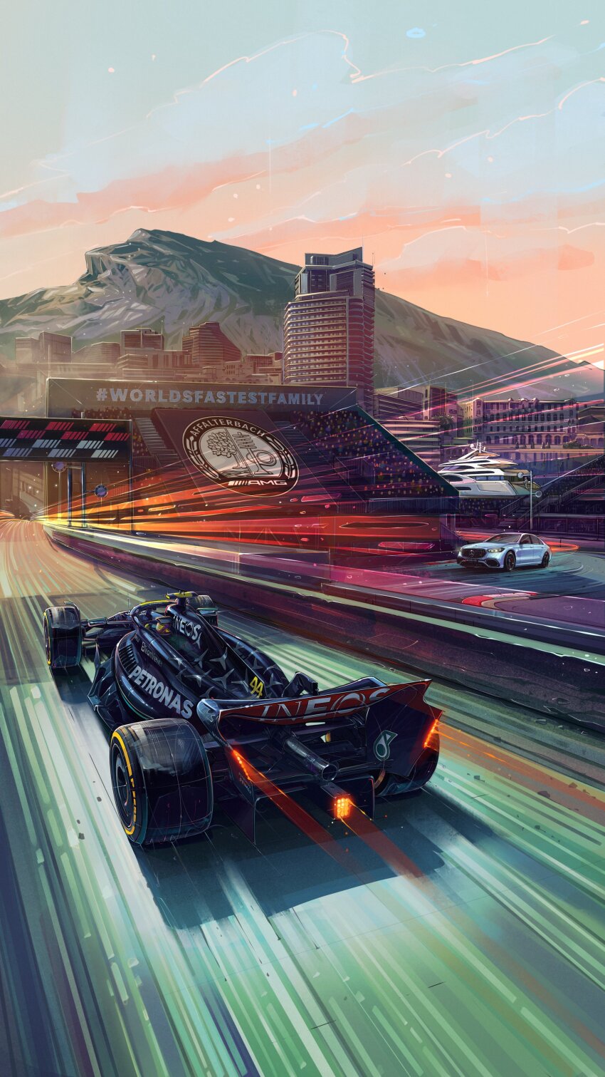 1boy, absurdres, andrew_mytro, boat, car, crowd, formula_one, formula_racer, helmet, highres, lewis_hamilton, light_trail, monaco_(city), motion_blur, motor_vehicle, mountain, official_art, promotional_art, racecar, real_life, spoiler_(automobile), vehicle_focus, watercraft, yacht