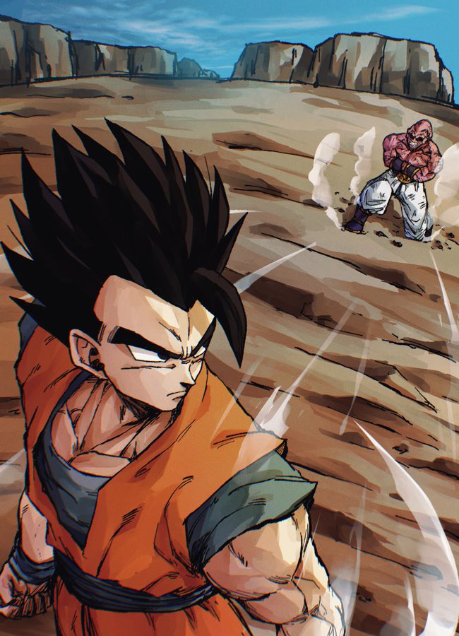 after_battle, angry, black_eyes, black_hair, dragon_ball, facing_each_other, looking_back, majin_buu, muscular, muscular_male, potential_unleashed, serious, son_gohan, spiked_hair, standing, super_buu, ultimate_gohan