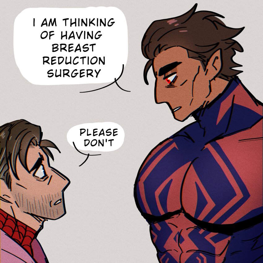 2boys, absurdres, bara, beard_stubble, blue_bodysuit, bodysuit, breast_reduction_surgery_(meme), brown_hair