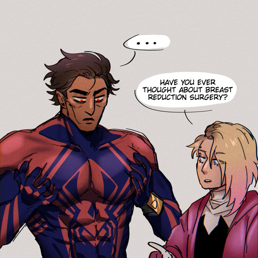 ..., 1boy, 1girl, absurdres, bara, blue_bodysuit, bodysuit, breast_reduction_surgery_(meme)