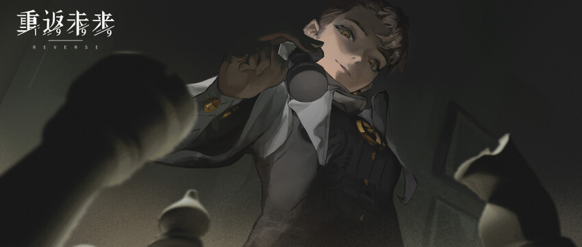 1girl, absurdres, bishop_(chess), blurry, blurry_foreground, board_game, brown_eyes, brown_hair