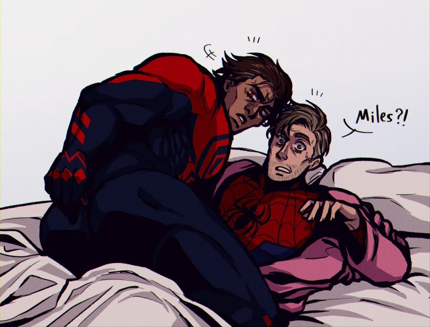 2boys, ass, bara, beard_stubble, blue_bodysuit, bodysuit, brown_hair, caught