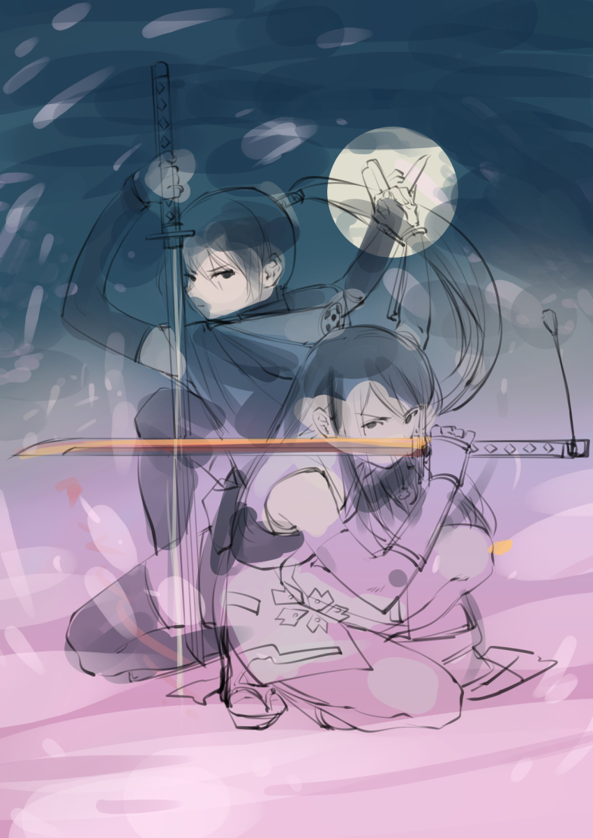 2girls, arm_up, arms_up, black_hair, black_thighhighs, bukimi_isan, elbow_gloves, gloves