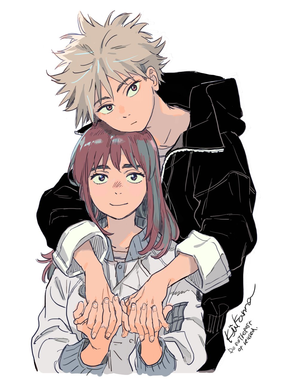 1boy, 1girl, behind_another, black_eyes, black_jacket, brown_eyes, brown_hair, chin_rest