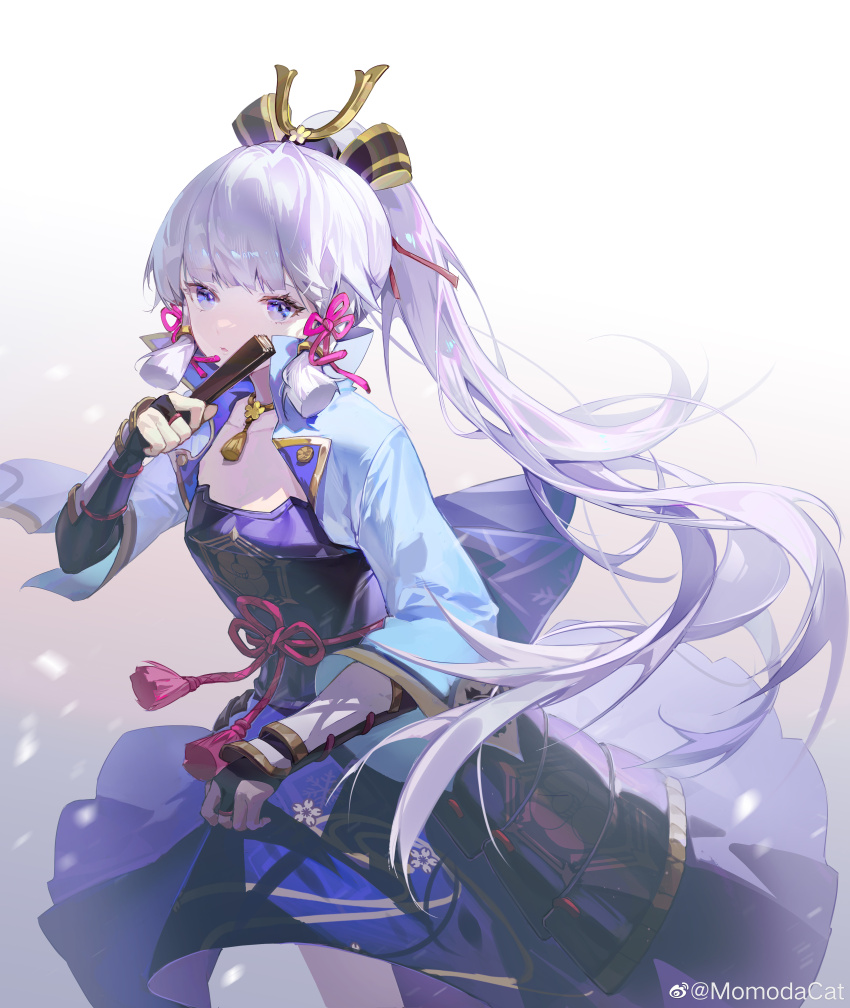 1girl, absurdres, arm_guards, armor, ayaka_(genshin_impact), blue_eyes, blue_hair, blue_shirt