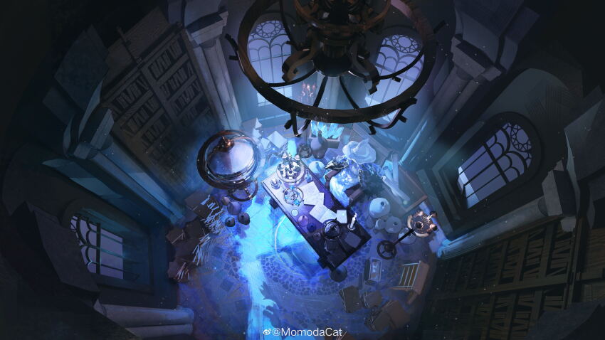 1girl, absurdres, armillary_sphere, black_cape, blue_hair, book, bookshelf, candle