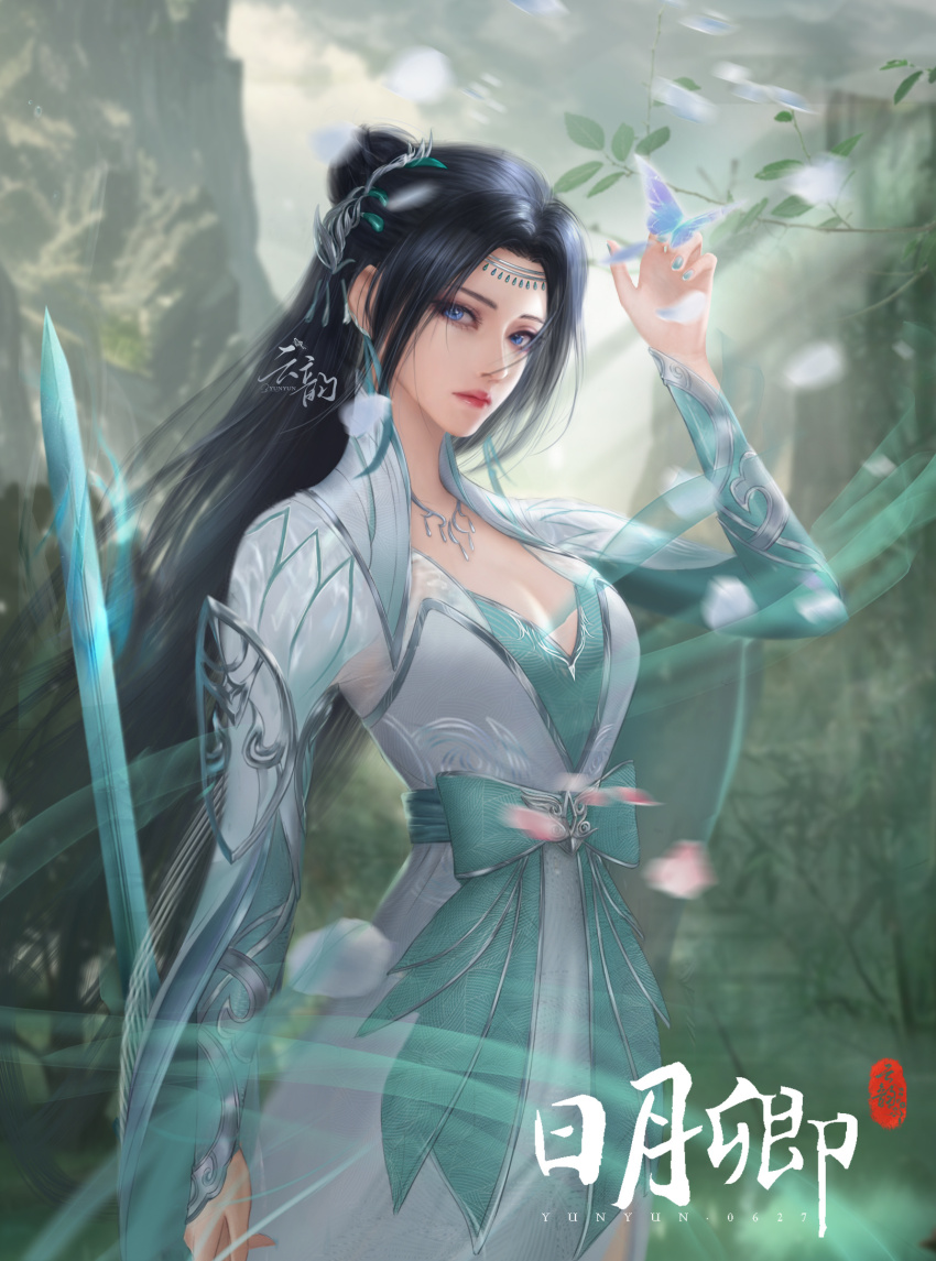 1girl, absurdres, arm_up, black_hair, blue_eyes, bug, butterfly, closed_mouth, dashxxxx, doupo_cangqiong, dress, earrings, green_dress, hair_bun, hair_ornament, highres, insect, jewelry, long_hair, long_sleeves, looking_at_viewer, mountain, necklace, outdoors, solo, tassel, tassel_earrings, upper_body, yun_yun_(doupo_cangqiong)