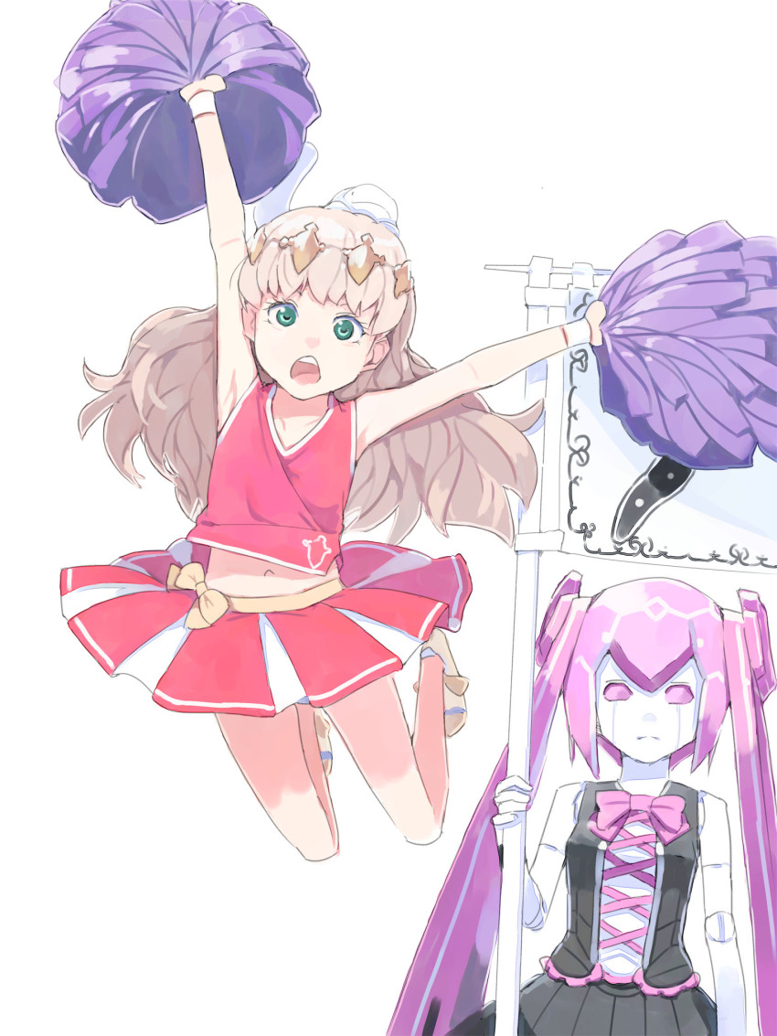 2girls, akinbo_(hyouka_fuyou), android, another_eden, blonde_hair, cheerleader, closed_mouth, flag