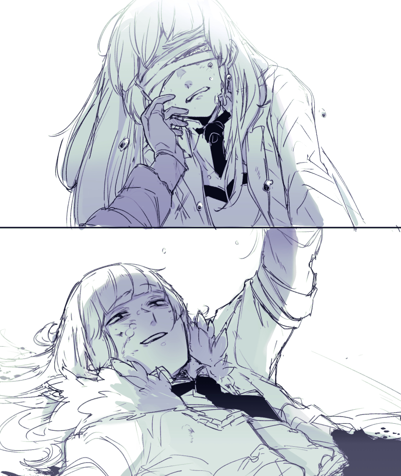 2girls, armband, azanaya_nie, bandages, bandages_over_eyes, blood, blunt_bangs, commentary_request