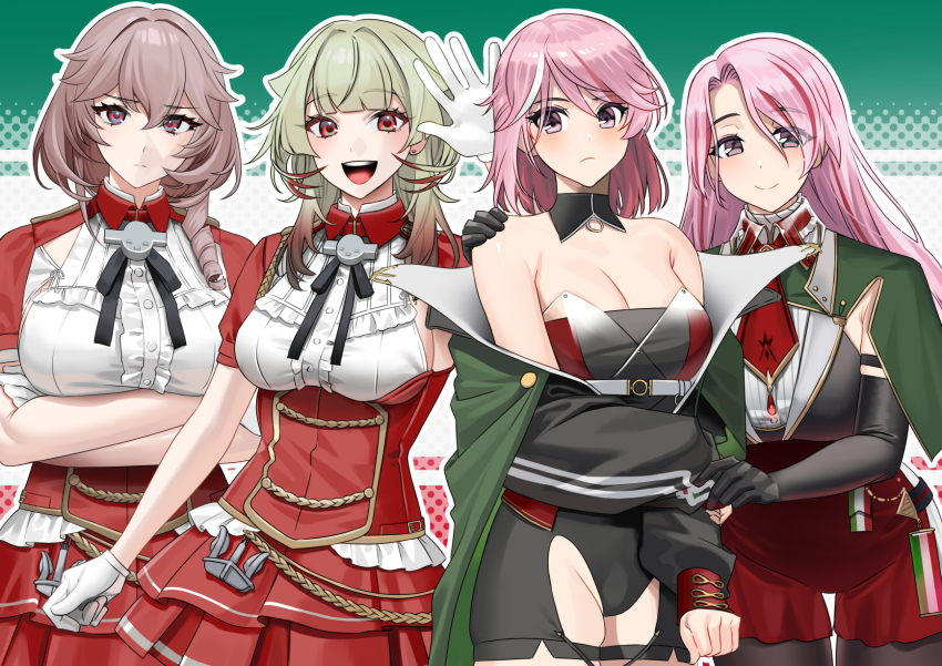 4girls, akagi_kurage, armpit_cutout, azur_lane, black_gloves, black_pantyhose, bow, breasts, brown_hair, cleavage, closed_mouth, clothing_cutout, commission, cosplay, costume_switch, crossed_arms, crossover, detached_collar, drill_hair, duca_degli_abruzzi_(azur_lane), duca_degli_abruzzi_(azur_lane)_(cosplay), ear_piercing, elbow_gloves, giuseppe_garibaldi_(azur_lane), giuseppe_garibaldi_(azur_lane)_(cosplay), giuseppe_garibaldi_(kancolle), giuseppe_garibaldi_(kancolle)_(cosplay), gloves, green_hair, groin, highres, kantai_collection, large_breasts, layered_skirt, long_hair, looking_at_viewer, luigi_di_savoia_duca_degli_abruzzi_(kancolle), luigi_di_savoia_duca_degli_abruzzi_(kancolle)_(cosplay), medium_breasts, multiple_girls, name_connection, open_mouth, pantyhose, piercing, pink_eyes, pink_hair, pixiv_commission, red_eyes, short_hair, short_sleeves, simple_background, skirt, smile, white_gloves