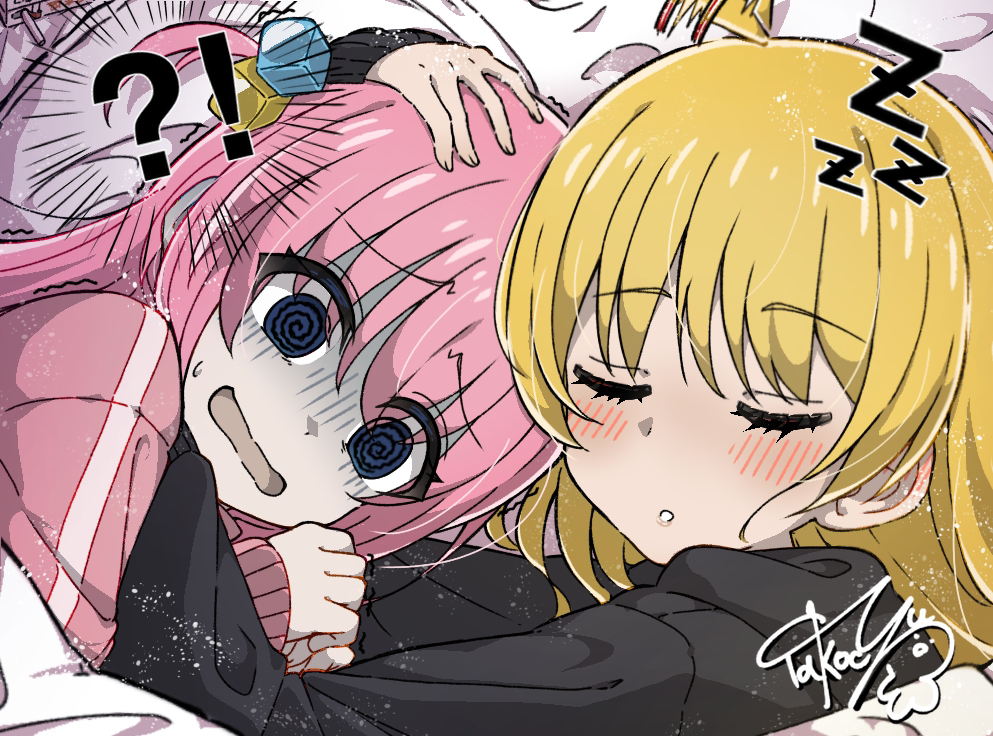 2girls, @_@, ahoge, ahoge_wag, black_hoodie, blonde_hair, blue_eyes, blush, bocchi_the_rock!, closed_eyes, commentary_request, cube_hair_ornament, drinking_straw, expressive_hair, gloom_(expression), gotoh_hitori, hair_between_eyes, hair_ornament, head_hug, hood, hoodie, ijichi_seika, jacket, long_hair, long_sleeves, lying, multiple_girls, one_side_up, open_mouth, pink_hair, pink_jacket, sidelocks, signature, sleeping, sweatdrop, takocyu_343, upper_body, yuri, zzz