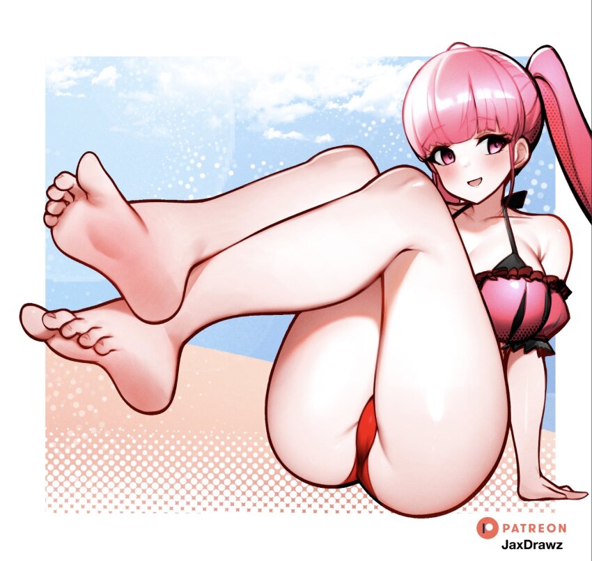 1girl, arm_support, armpit_crease, artist_name, bare_shoulders, barefoot, bikini, blue_sky